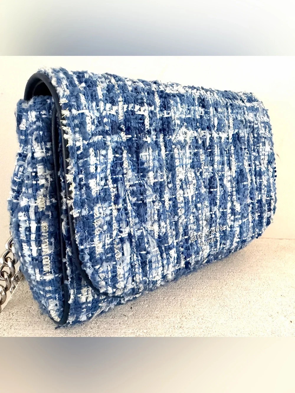 KATE SPADE Natalia Denim Tweed Medium Flap Chain Shoulder Crossbody Blue